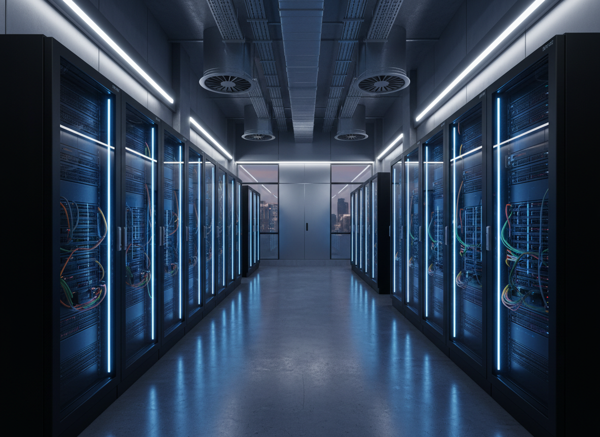 Data hall with blue lighting
