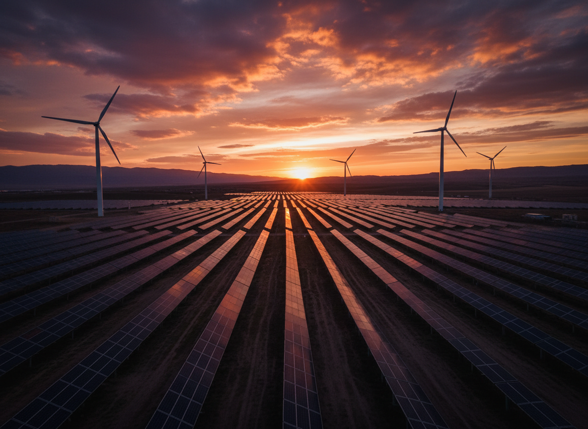 Solar farm at sunset